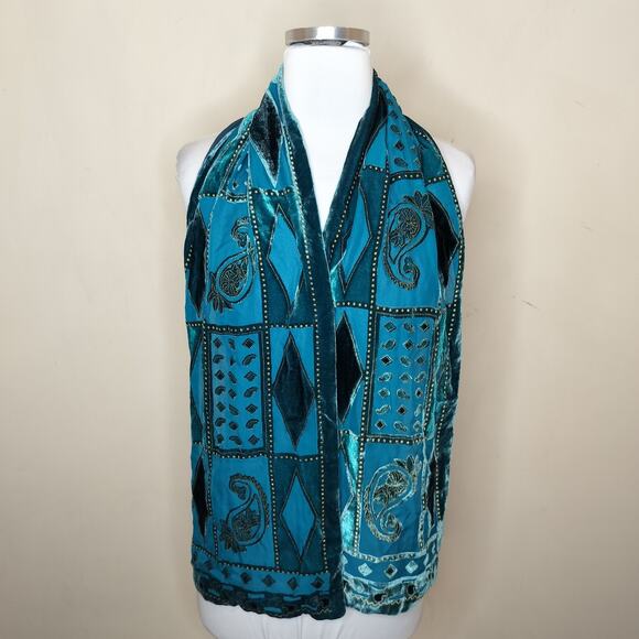 Teal Crushed Velvet Scarf Paisley Floral Geometric Sheer 58" x 9.5" - Picture 1 of 13